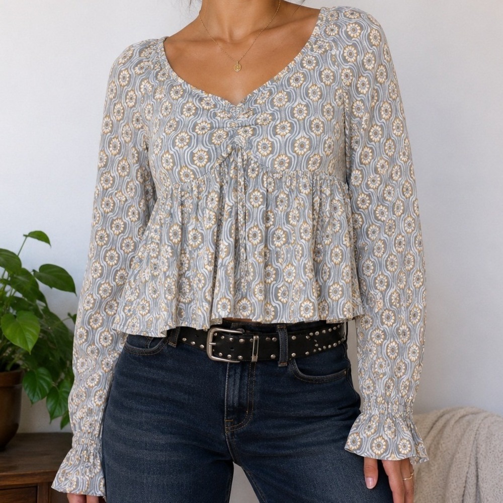 Rewind Floral Crop Top Small Cottagecore Coquette Fairycore Ruched Blouse